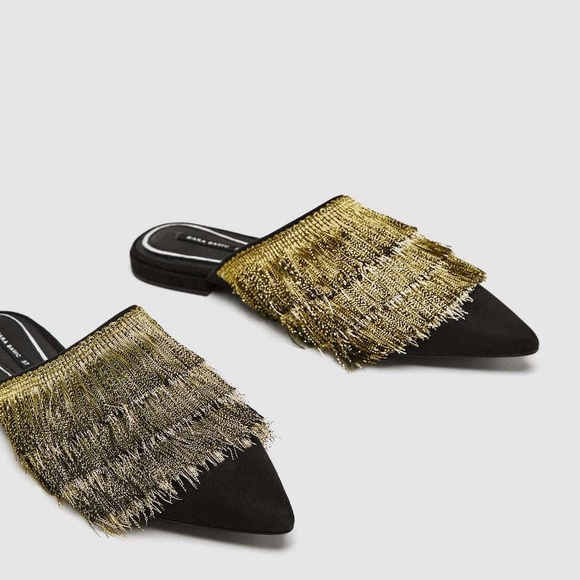 NEW ZARA fringe gold metallic mules 6.5/ 37 - Picture 1 of 3